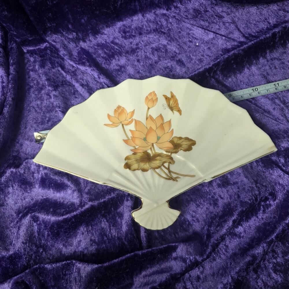 Vintage Japanese Porcelain Fan Wall Pocket Lotus Butterfly Gold Trim Japan